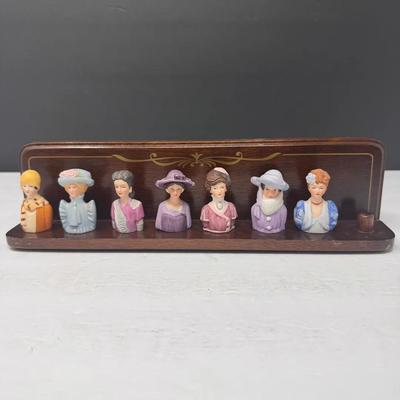 Vintage Avon 1983 Porcelain Lady Bust Figurines on Wooden Display Shelf 