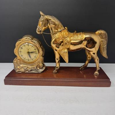 Vintage United Self-Starting Horse Mantel Clock on Wood Base 