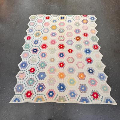 Vintage Handmade Hexagon Flower Quilt 