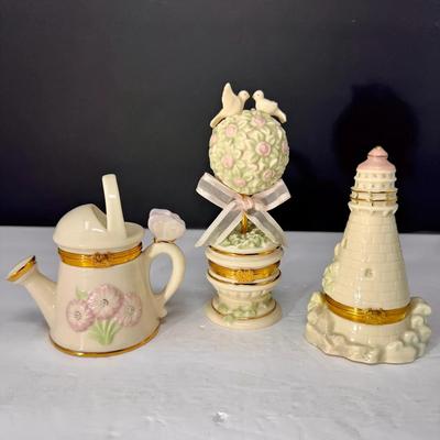 Lenox Treasures Porcelain Trinket Boxes – Set of 3 with Charms (Lighthouse, Watering Can, Topiary)