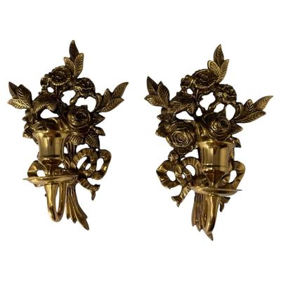 Pair of Ornate Gilt Metal Floral Wall Candle Sconces