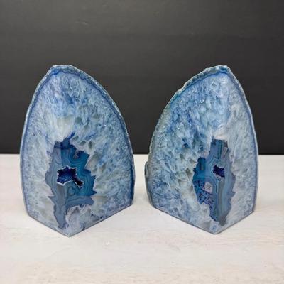 Blue Agate Geode Bookends with Druzy Quartz Interior