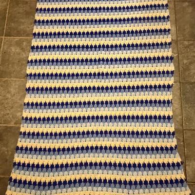 Vintage Handmade Crocheted Blanket with Blue, Light Blue 