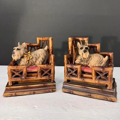 Pair of Vintage Scottish Terrier Dog Bookends in Bamboo-Style Chairs