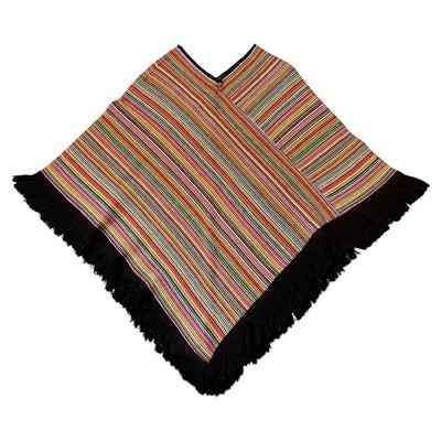 Vintage Handwoven Multicolor Striped Poncho with Black Fringe