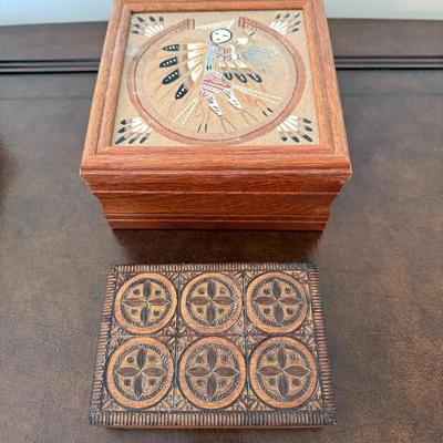Two Decorative Wooden Keepsake Boxes with Southwestern and Geometric Designs