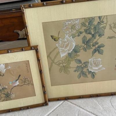 Pair of Framed Asian Floral & Bird Art Prints in Bamboo Frames