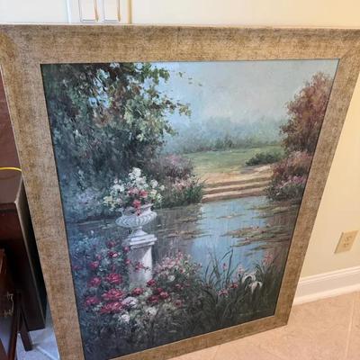Large Framed Garden Landscape Wall Art – Floral Pond Scene