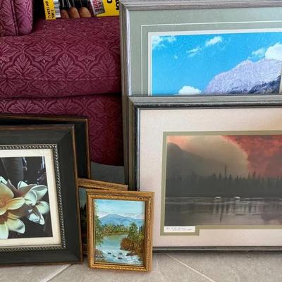 Assorted Framed Wall Art Collection Including Yellowstone Fire Photograph & Original Landscape Paint
