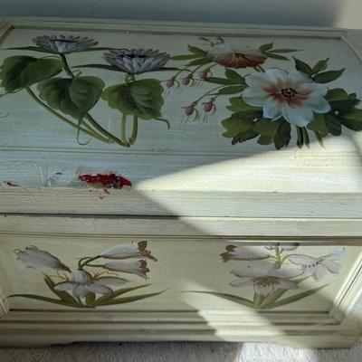 Hand-Painted Floral Wooden Storage Chest with Hinged Lid (Vintage Cottage Style, As-Is)
