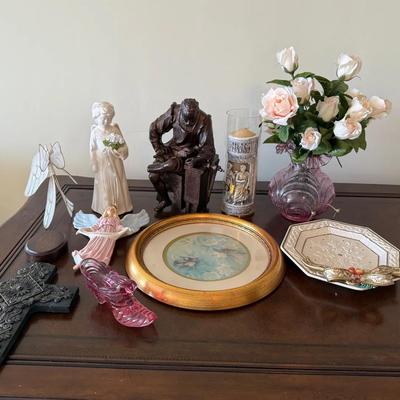 Mixed Decorative Religious and Home Accent Lot with Figurines Glass and Frame