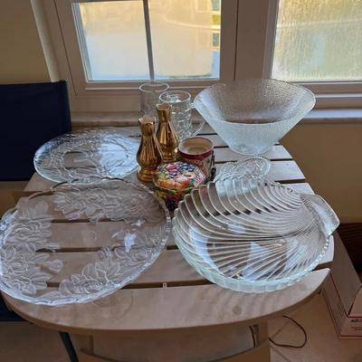 Assorted Glass Serveware and Decorative Accents Including Pressed Plates, Bowls, Crystal Dish, and G