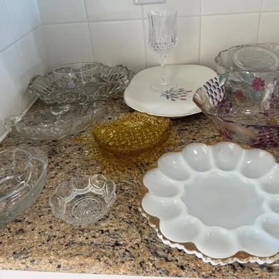 Large Mixed Lot of Decorative Glass Serving Dishes Including Amber Cut Glass, Floral Etched Bowls, R