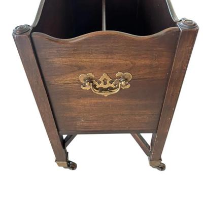 Vintage Wooden Magazine Stand with Divider & Brass Handle on Casters