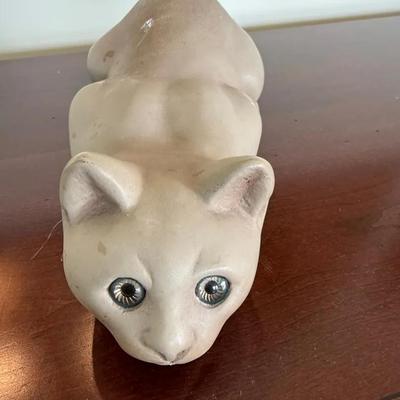 Vintage Ceramic Cat Figurine with Glass Eyes, Marked