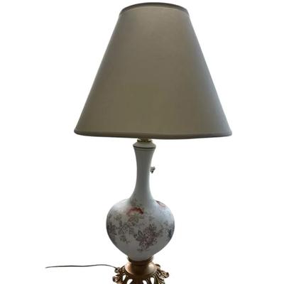 Vintage Floral Porcelain Table Lamp with Brass Base and Shade