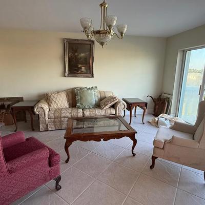 Traditional Living Room Furniture & Décor Grouping – Sofa, Wingback Chairs, Tables, Artwork & Textil