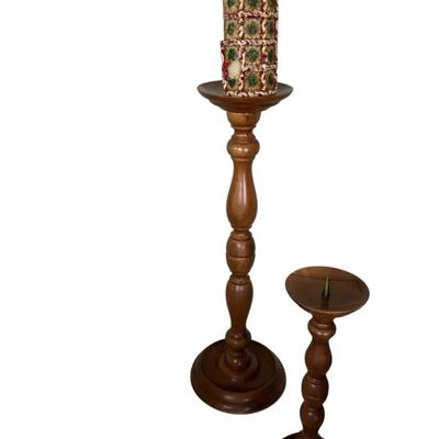 Turned Wood Pedestal Stands with Decorative Fabric Candle Cover