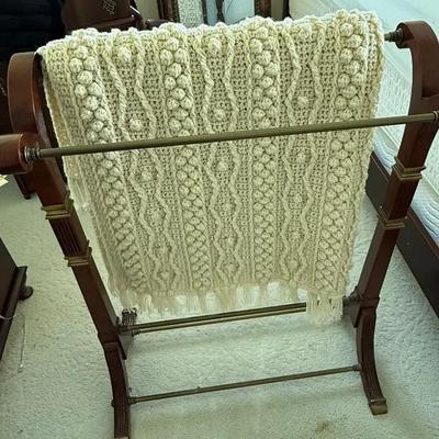 Traditional Solid Wood Blanket Rack with Brass Rods and Hand-Crocheted Afghan