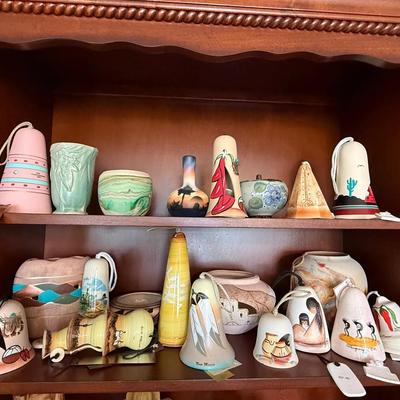 Southwestern Pottery Bell and Vase Collection Featuring New Mexico and Native American Motifs