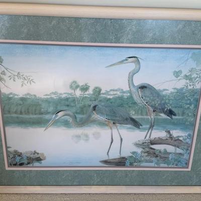 Large Framed Coastal Bird Art Print with Herons in Marsh Scene