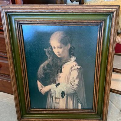 Framed Vintage-Style Portrait Print of Young Girl Holding a Cat