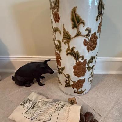 Decorative Home Accent Lot Featuring Tall Ceramic Floor Vase Pig Figurine and Polished Stone Collect