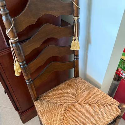 Wooden Ladderback Chair with Rush Seat and Decorative Tassels