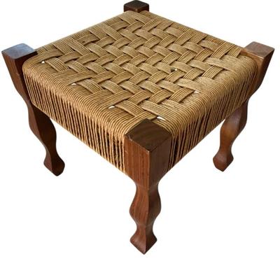 Handwoven Rope Seat Footstool with Solid Wood Legs