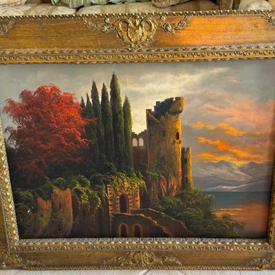 Framed Oil on Canvas Landscape Painting with Castle Ruins and Ornate Gilt Frame