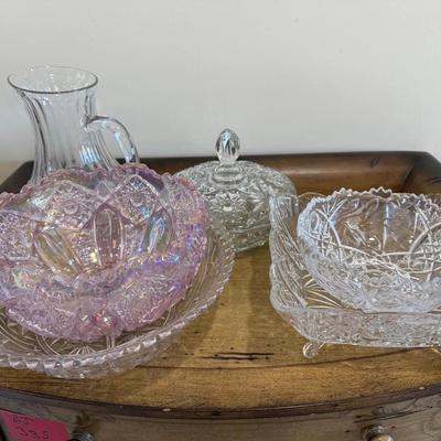 Vintage Cut Glass & Carnival Glass Serving Bowl Lot Including Covered Dish, Footed Bowl & Pitcher