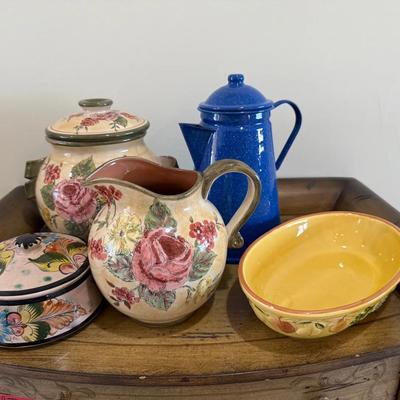 Assorted Decorative Ceramic Kitchenware Including Floral Pitcher, Lidded Canisters, Blue Enamel Coff