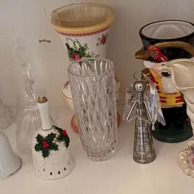 Decorative Glass, Porcelain, and Ceramic Home Décor Assortment with Bells, Vases, Nutcracker Mug, an