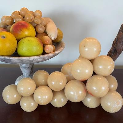 Vintage Italian Alabaster & Marble Fruit Bowl with Carved Grapes (2 Pieces)