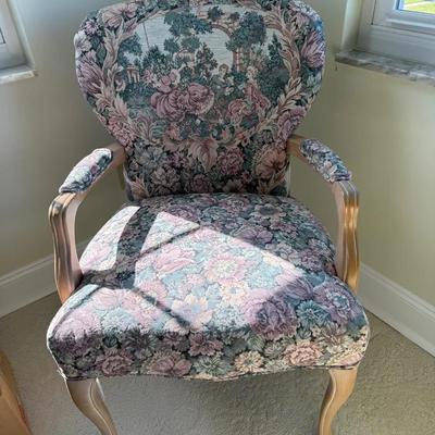 Vintage Upholstered Accent Chair with Scenic Tapestry Fabric & Wood Arms