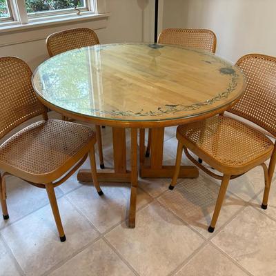 Butcher Block Hand Painted Dining Table & 4 Bentwood Cane Chairs