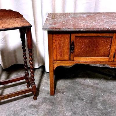 Antique Oak Marble Top Washstand/dry Sink & Barley Twist Side Table