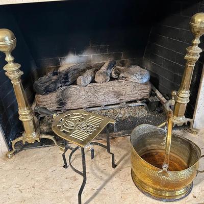 Brass Andirons, Trivet And Coal Scuttle 