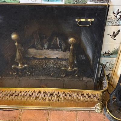 Brass Fireplace Andirons, Fender, Screen & Tool Set