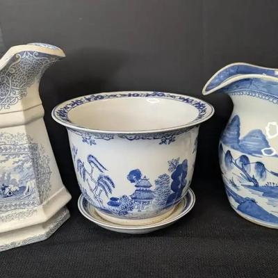 Blue & White Ceramic Pitchers & Planter
