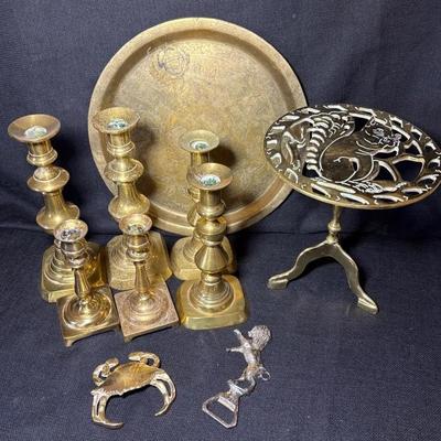 Collection Of Brass Decor-Candlesticks, Tray, Other 