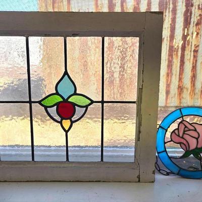 Vintage Stained Glass Window Art & Rose Design Glass