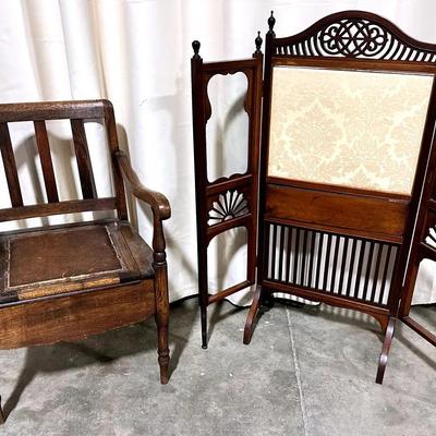 Antique Victorian Bentwood Fire Screen & Antique Commode Chair