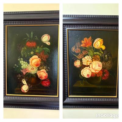 Pair Of Vintage Signed Paintings On Canvas Framed-Floral