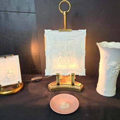 2 Lithopane Porcelain Lamps, Kaiser Vase, Wedgwood Pink Dish