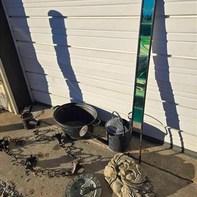 Outdoor decor: Rain Chain, Cement Face, Sundial, Stained Glass 