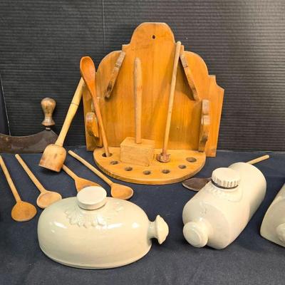 Vintage Ceramic Foot Warmers & Wooden Utensils 