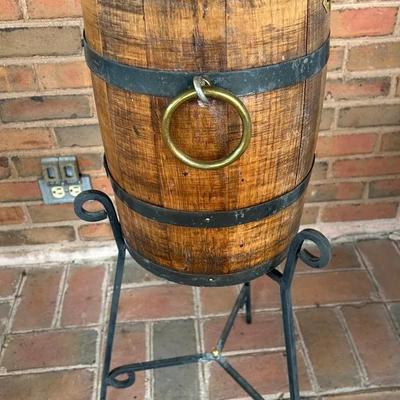 Wooden Barrel Ice Bucket With Wrought Iron Stand 