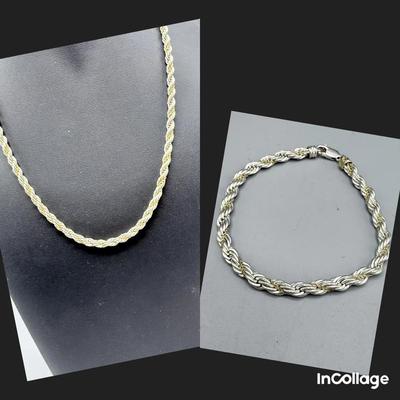 Sterling And 14k Gold Rope Necklace And Bracelet 