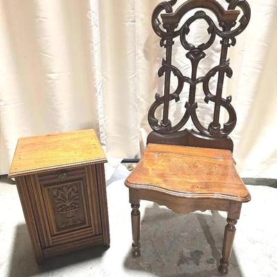 Vintage Carved Wood Chair & Vintage Cabinet